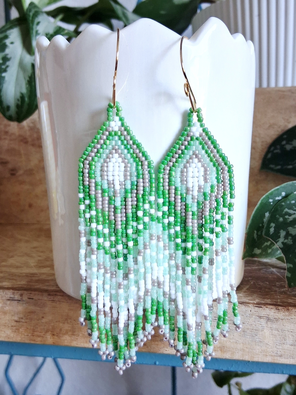 Green Beaded Fringe Earrings with White and Silver Accents